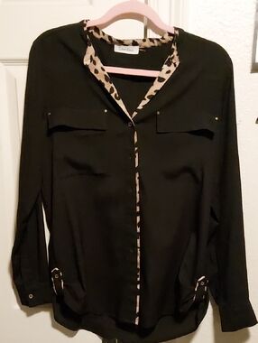 Calvin Klein Black Button-Down Top with Leopard-Print Trim